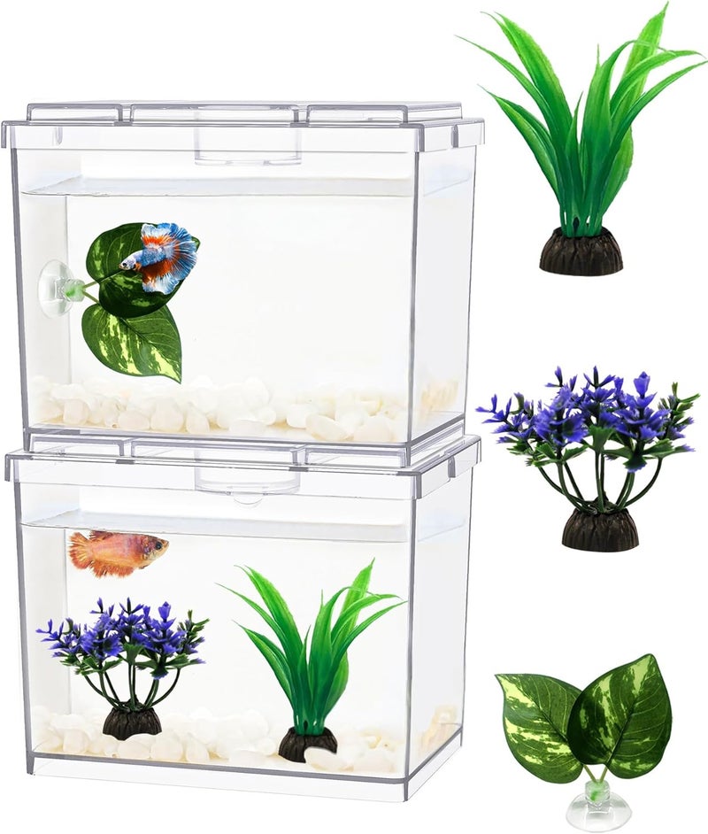Moonorange Mini Betta Fish Tank, Small Fish Bowl for Temporary Space, 0.2 Gallon Stackable Cube Tank with Artificial Plants and Gravels for Small Fish, Insect, Shrimp, Crab, Spider.(Pack-2) - Image 1